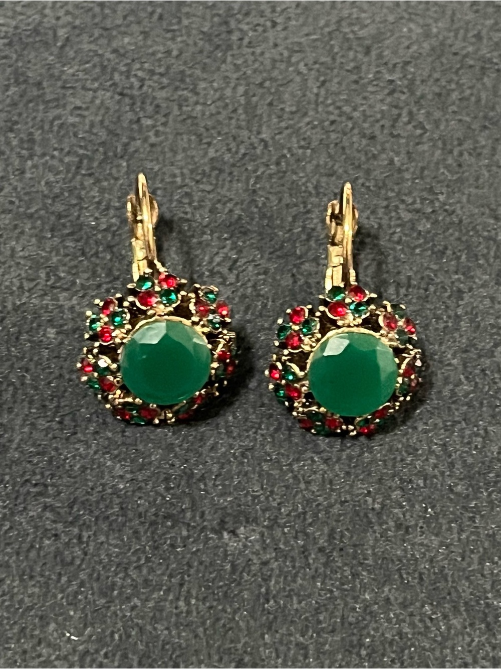 Green Crystal Halo Drop Earrings - Gold Tone